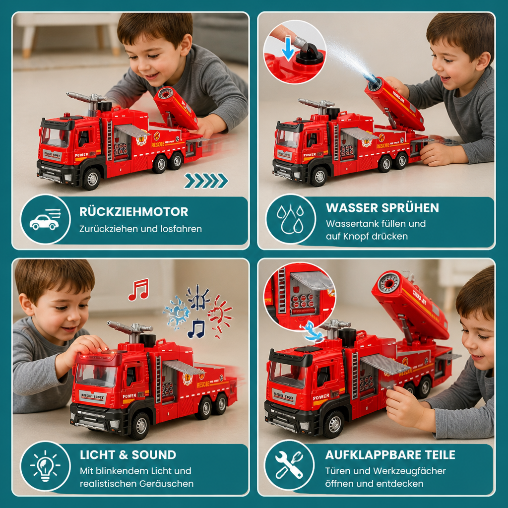 Feuerwehrauto mit Rückziehmotor, Wassersprühfunktion, Licht & Sound