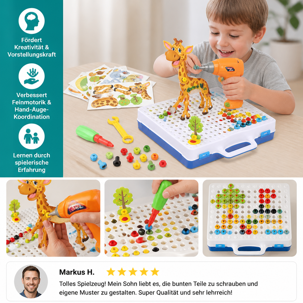 Safari-Tier-Bausteinset mit elektrischem Spielzeugbohrer für Kinder