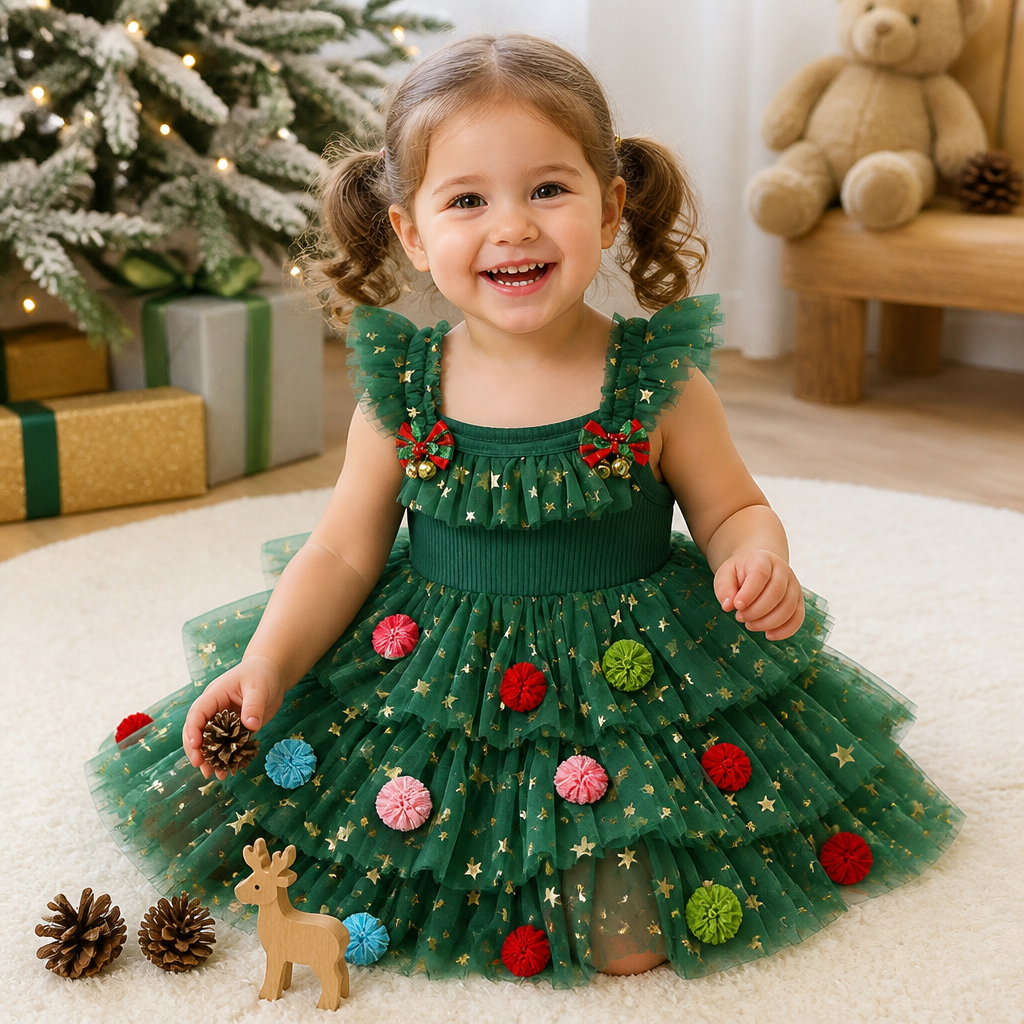 Weihnachtliches Tutu-Kleid für Mädchen mit Pompons, Paillettensternen & Rüschenärmeln