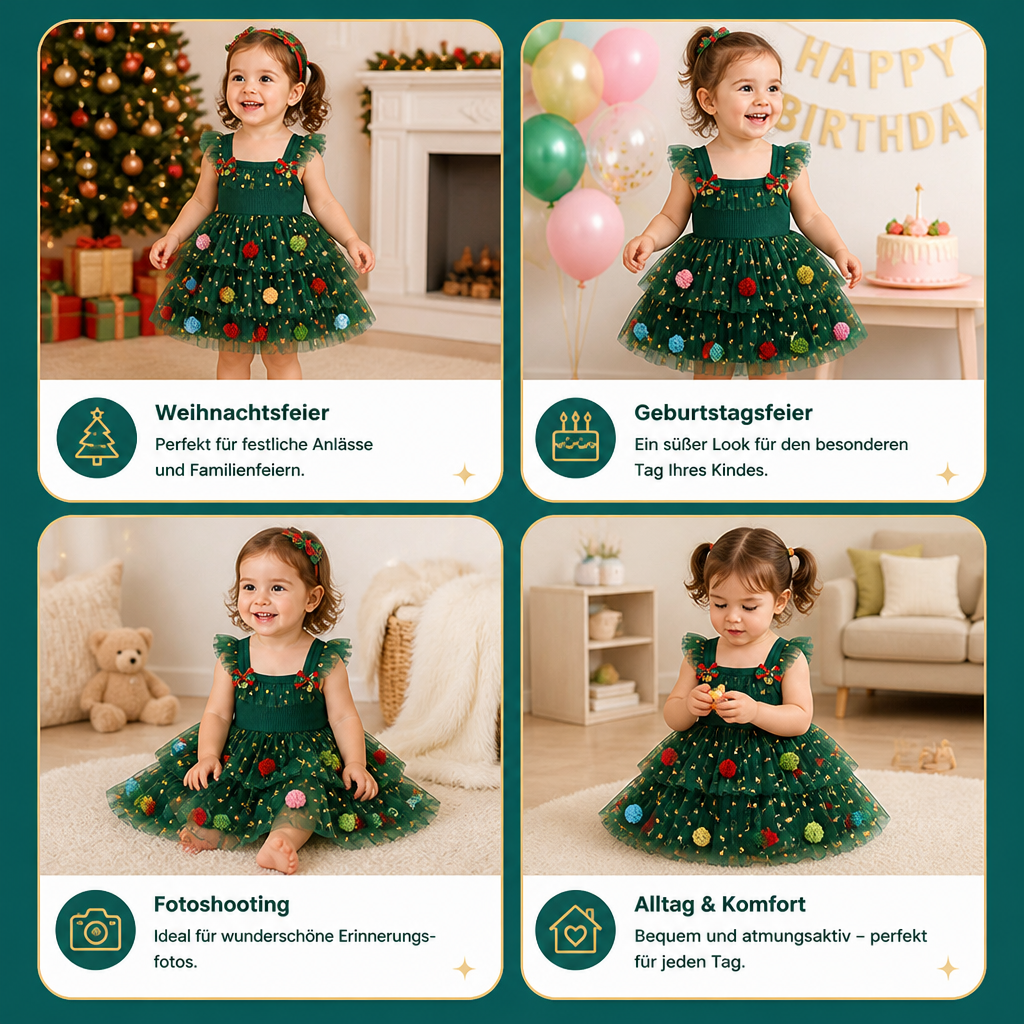 Weihnachtliches Tutu-Kleid für Mädchen mit Pompons, Paillettensternen & Rüschenärmeln