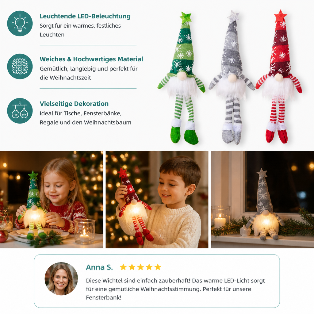 Leuchtende LED-Weihnachtswichtel-Dekorationen