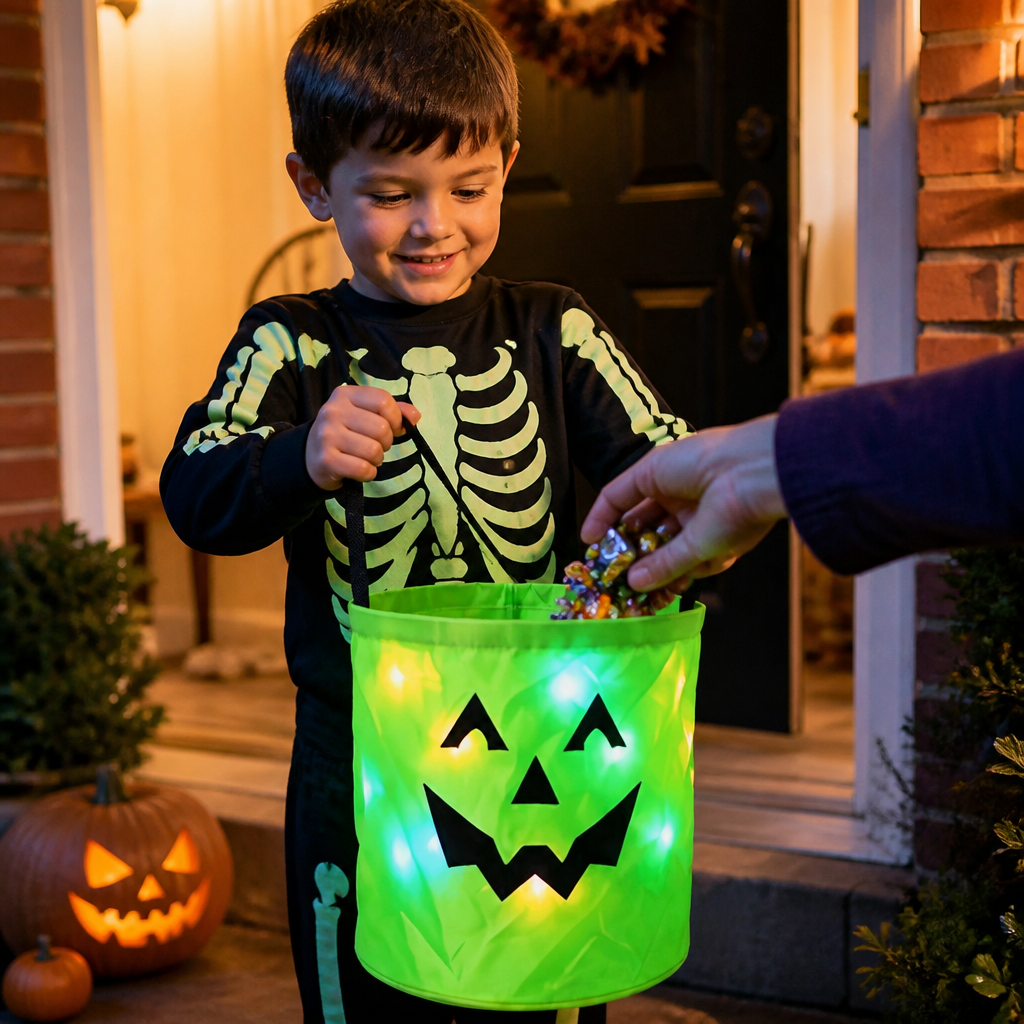 LED-Halloween-Süßigkeiteneimer für Trick-or-Treat – Wiederverwendbare leuchtende Tragetasche