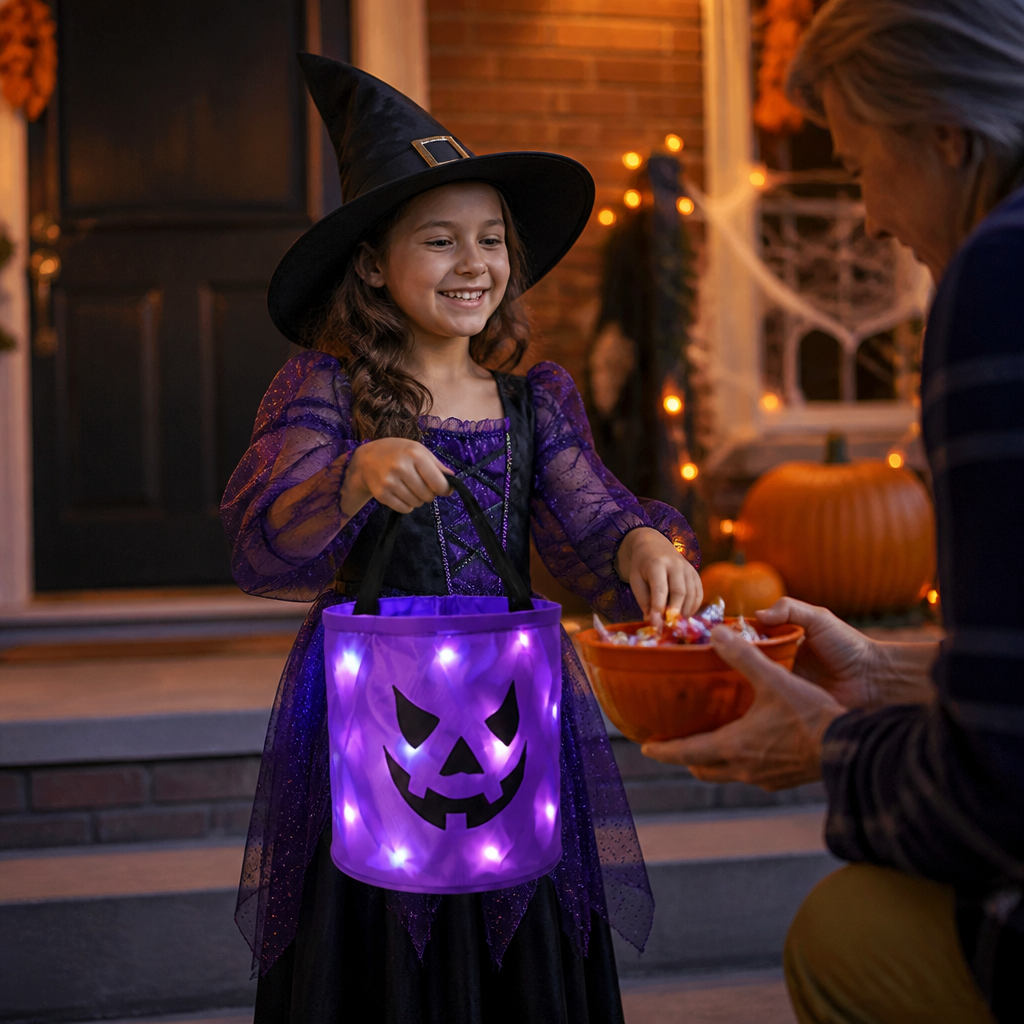 LED-Halloween-Süßigkeiteneimer für Trick-or-Treat – Wiederverwendbare leuchtende Tragetasche
