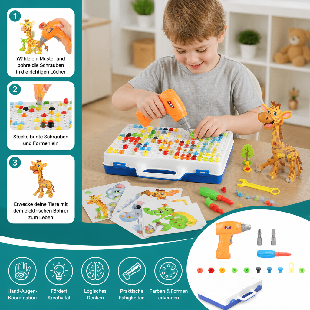Safari-Tier-Bausteinset mit elektrischem Spielzeugbohrer für Kinder