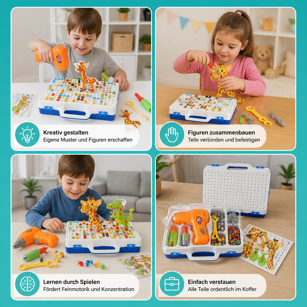 Safari-Tier-Bausteinset mit elektrischem Spielzeugbohrer für Kinder