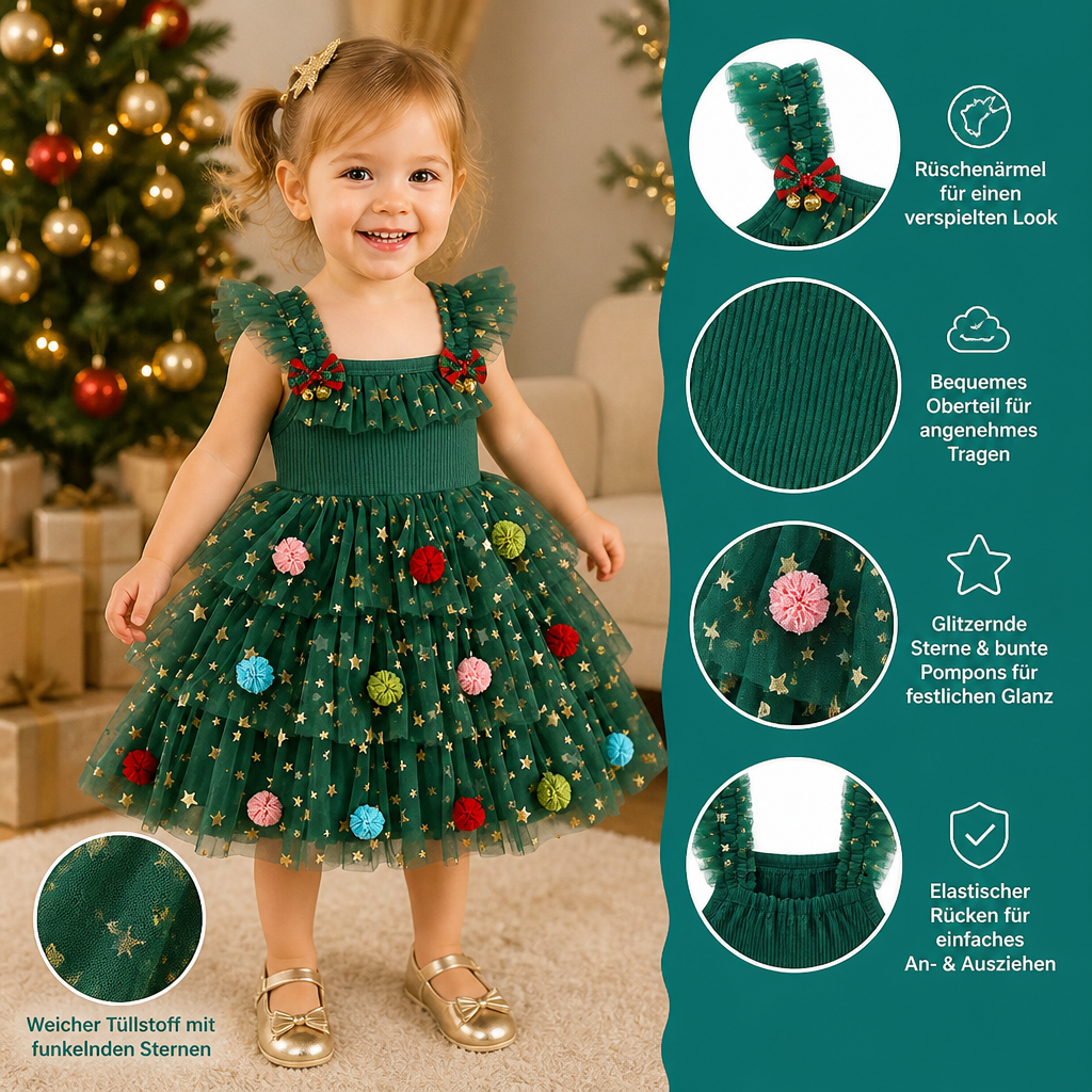 Weihnachtliches Tutu-Kleid für Mädchen mit Pompons, Paillettensternen & Rüschenärmeln