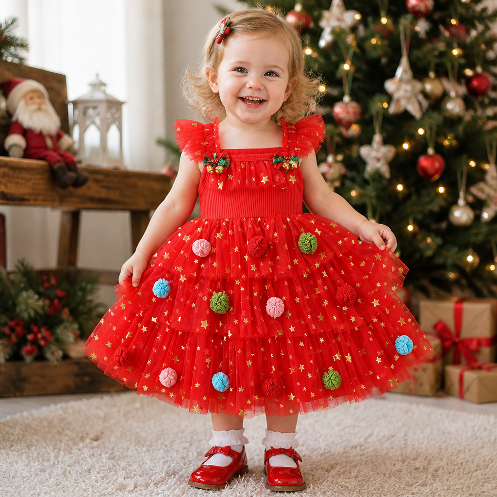 Weihnachtliches Tutu-Kleid für Mädchen mit Pompons, Paillettensternen & Rüschenärmeln