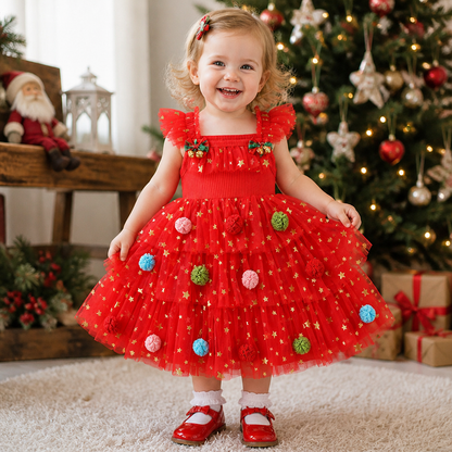 Weihnachtliches Tutu-Kleid für Mädchen mit Pompons, Paillettensternen & Rüschenärmeln
