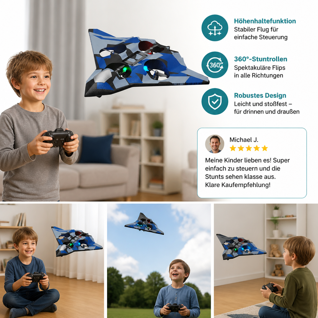Robustes RC-Kampfflugzeug aus Schaumstoff mit Höhenhaltefunktion & 360°-Stuntrollen