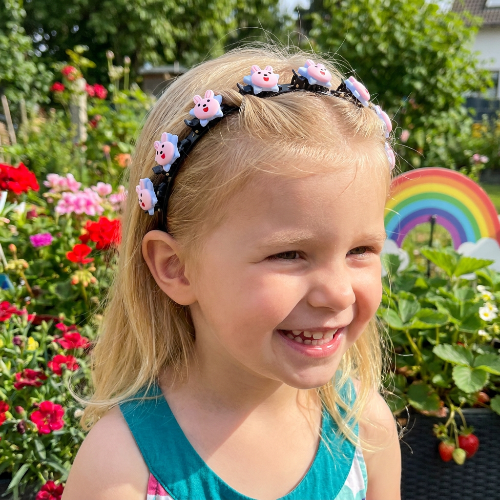 Niedliche Haarclips & Haarbänder für Mädchen mit Blumen-, Erdbeer- & Regenbogen-Anhängern