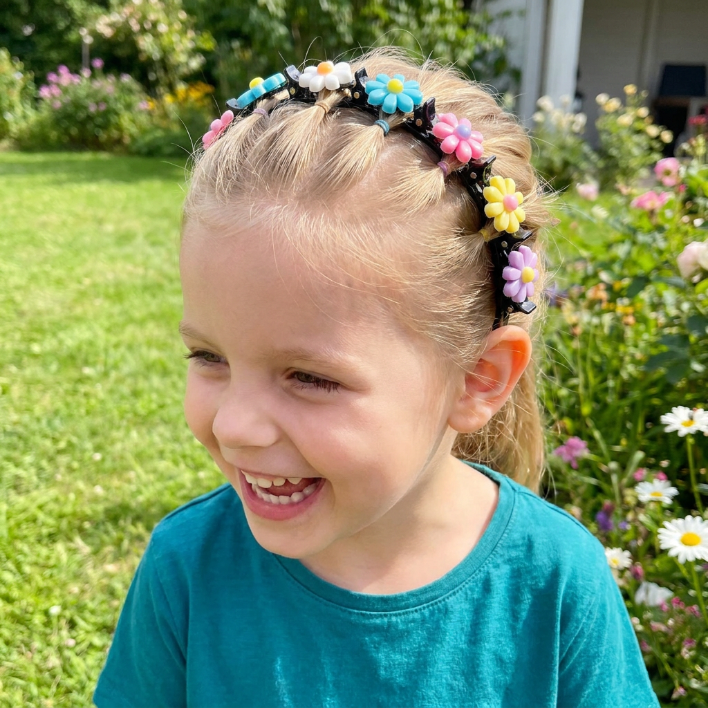 Niedliche Haarclips & Haarbänder für Mädchen mit Blumen-, Erdbeer- & Regenbogen-Anhängern