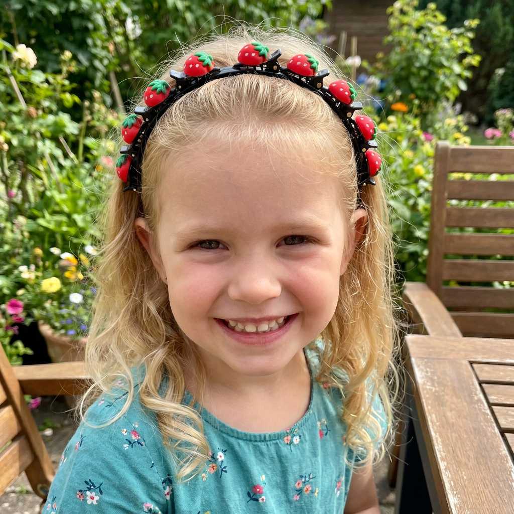Niedliche Haarclips & Haarbänder für Mädchen mit Blumen-, Erdbeer- & Regenbogen-Anhängern