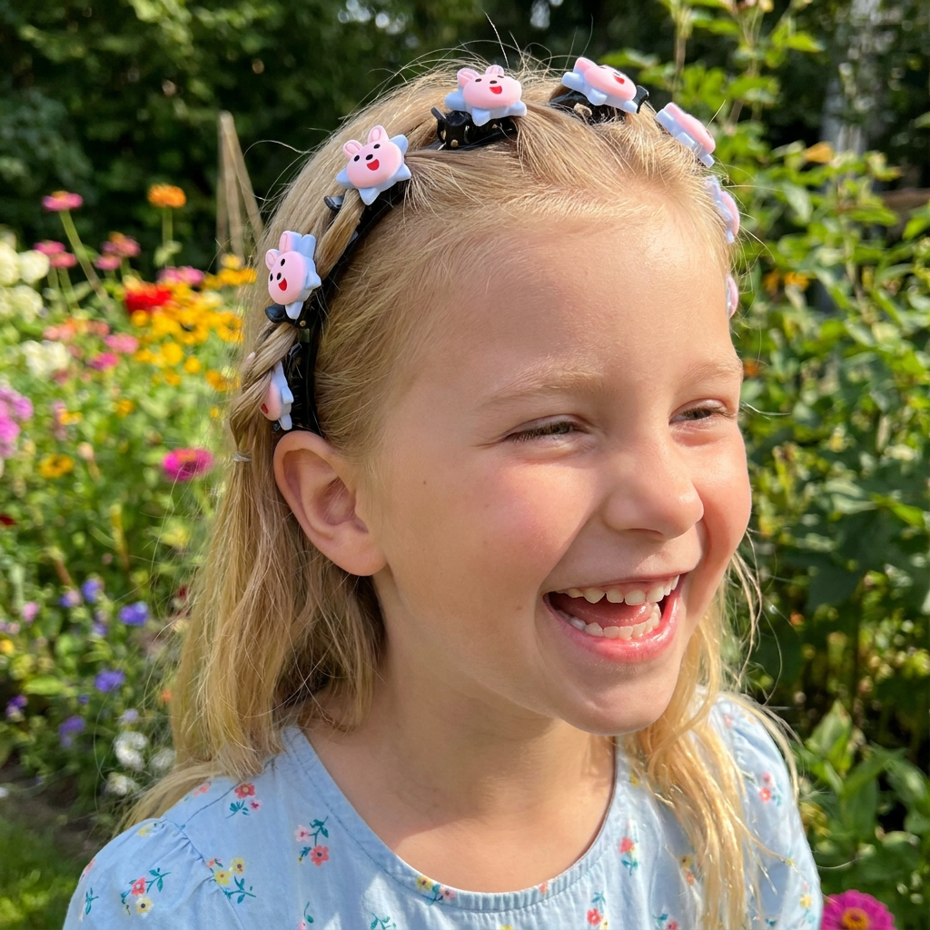 Niedliche Haarclips & Haarbänder für Mädchen mit Blumen-, Erdbeer- & Regenbogen-Anhängern