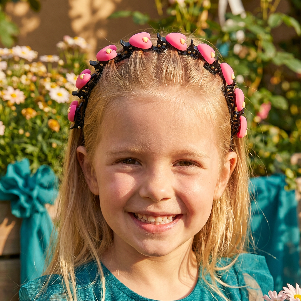 Niedliche Haarclips & Haarbänder für Mädchen mit Blumen-, Erdbeer- & Regenbogen-Anhängern