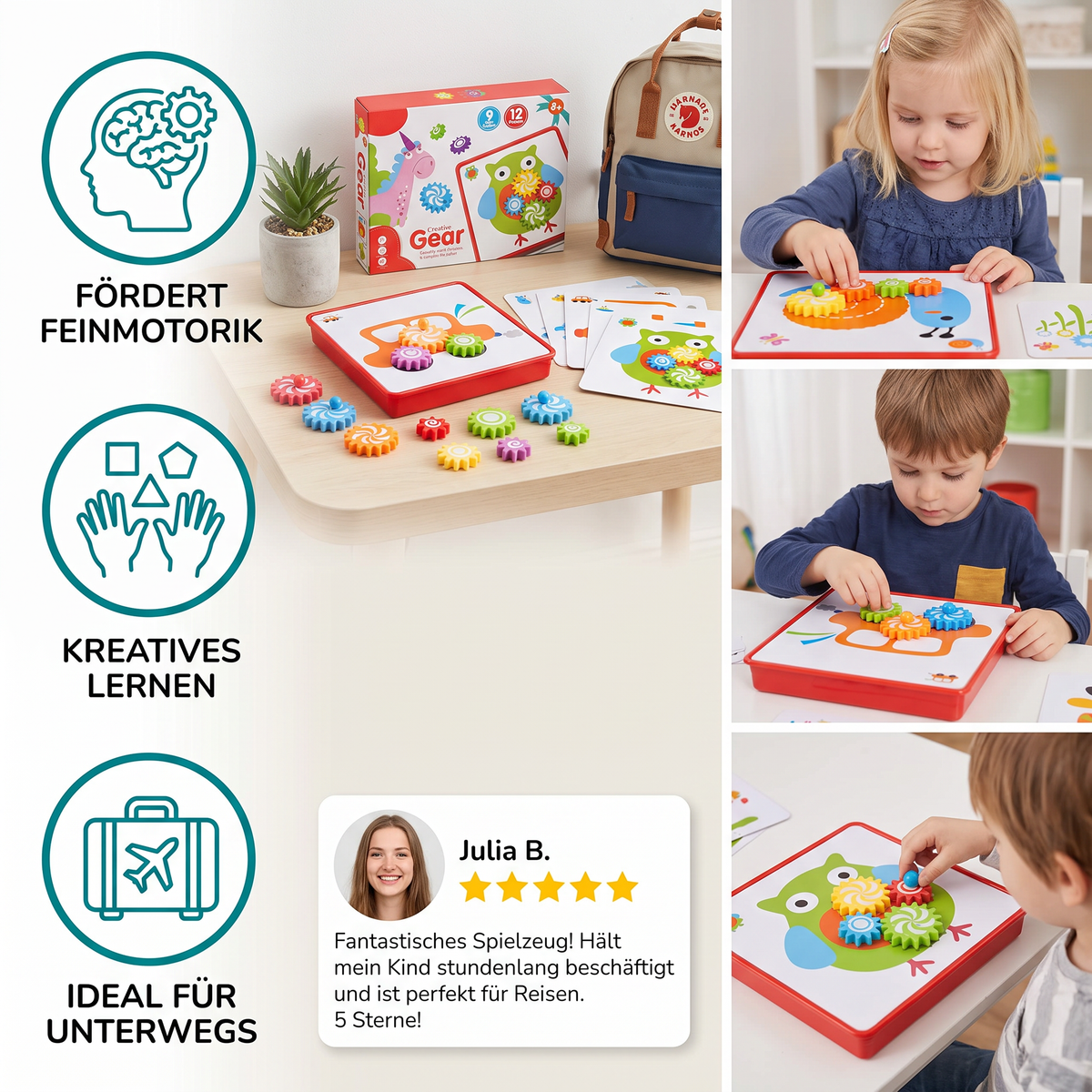 Kreative Zahnrad-Puzzle-Reisebox mit Aktivitätskarten für Kinder