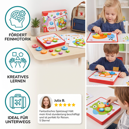 Kreative Zahnrad-Puzzle-Reisebox mit Aktivitätskarten für Kinder