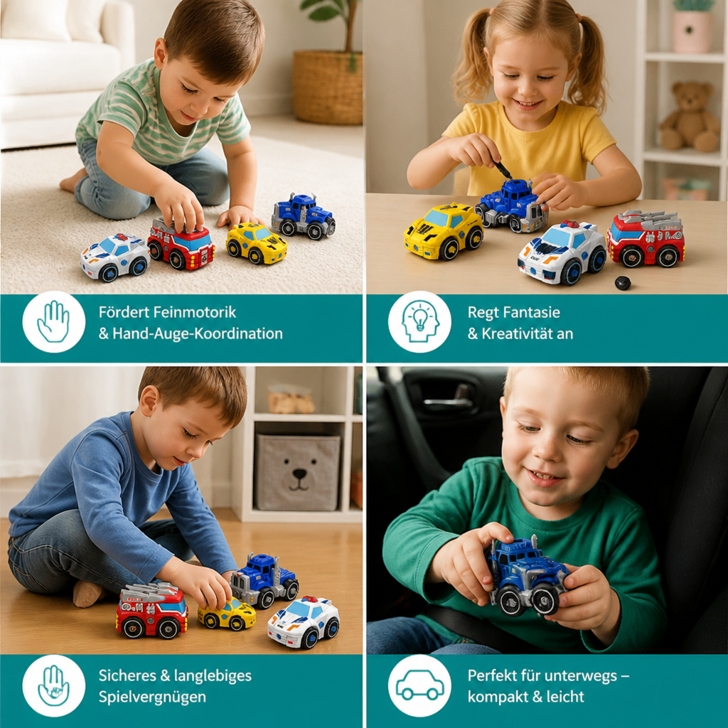 4-teiliges DIY-Stadtfahrzeuge-Set zum Auseinanderbauen mit Spielzeug-Bohrer