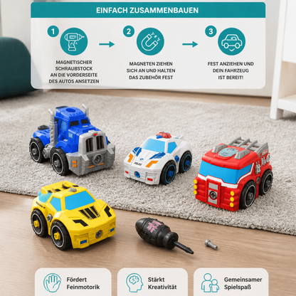4-teiliges DIY-Stadtfahrzeuge-Set zum Auseinanderbauen mit Spielzeug-Bohrer