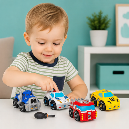 4-teiliges DIY-Stadtfahrzeuge-Set zum Auseinanderbauen mit Spielzeug-Bohrer