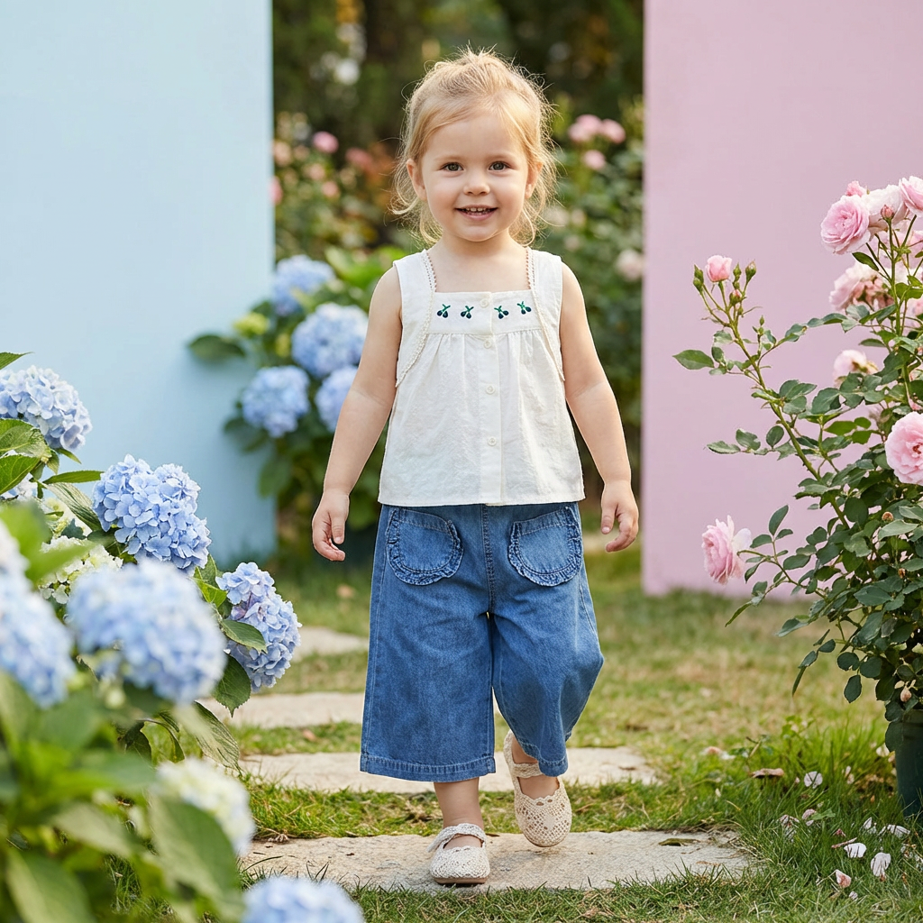 Sommerliches 2-teiliges Mädchen-Set – Ärmelloses Top mit Denim-Weitbein-Hose