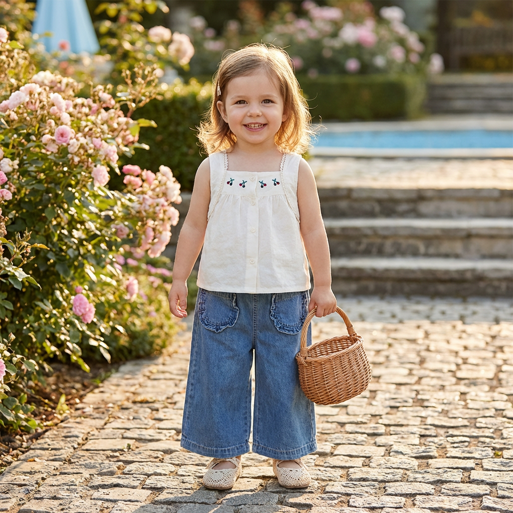 Sommerliches 2-teiliges Mädchen-Set – Ärmelloses Top mit Denim-Weitbein-Hose