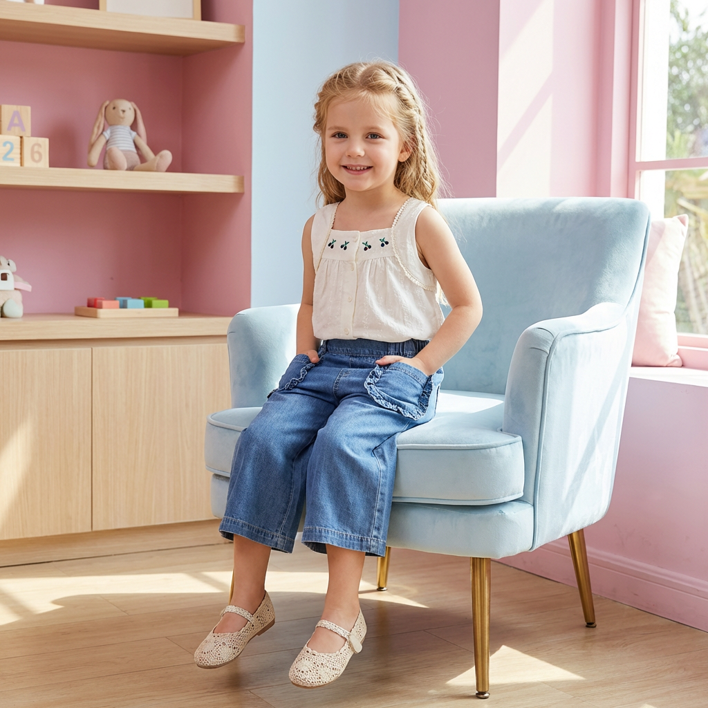 Sommerliches 2-teiliges Mädchen-Set – Ärmelloses Top mit Denim-Weitbein-Hose