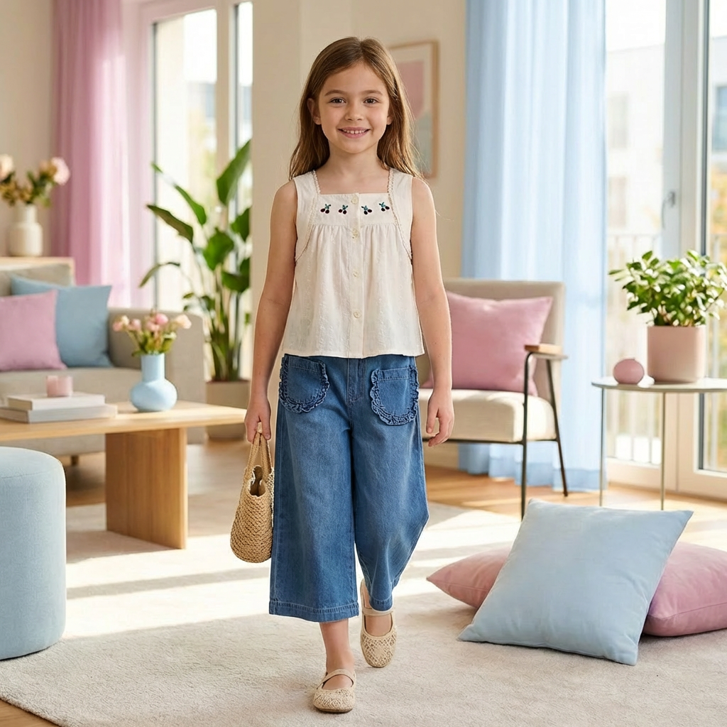 Sommerliches 2-teiliges Mädchen-Set – Ärmelloses Top mit Denim-Weitbein-Hose