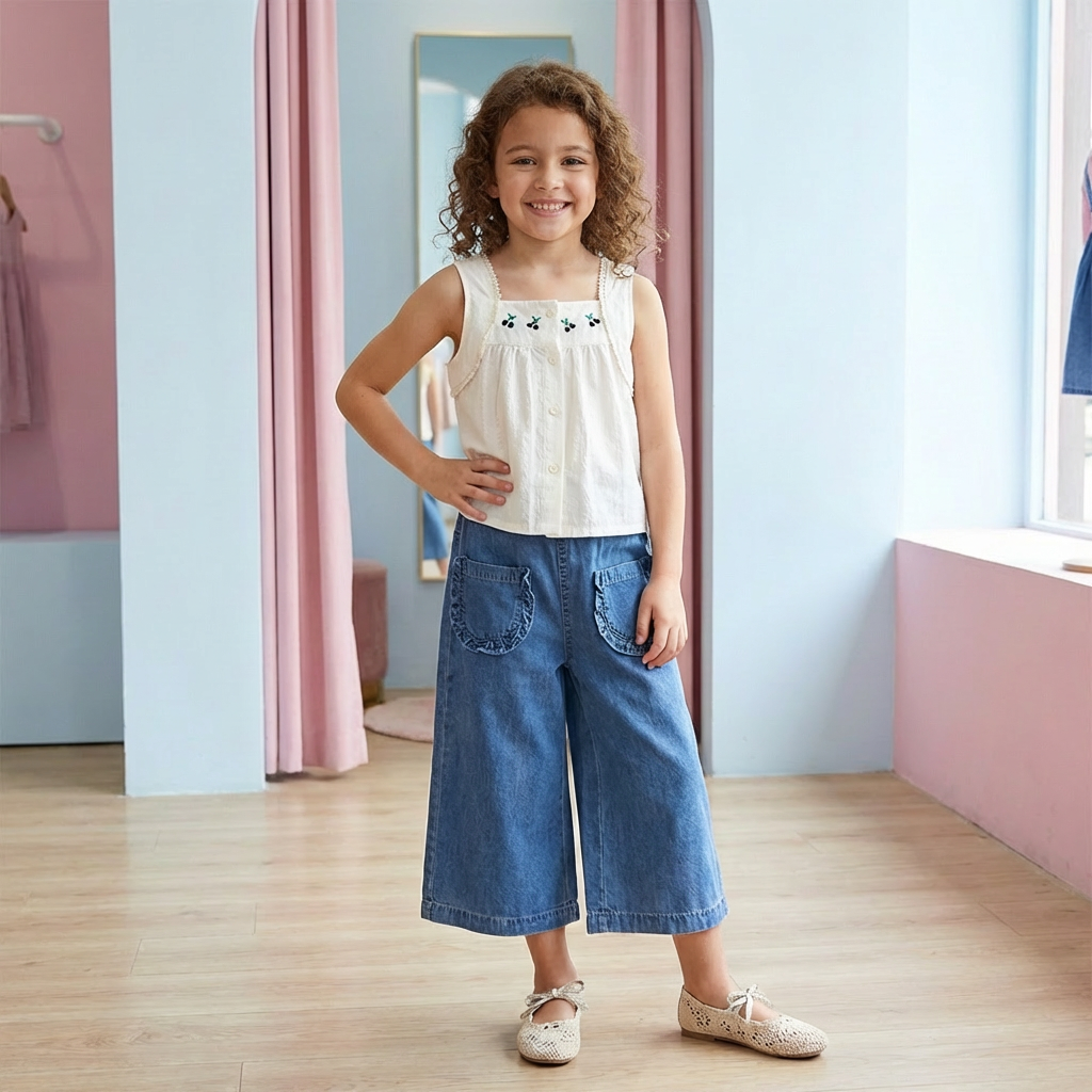 Sommerliches 2-teiliges Mädchen-Set – Ärmelloses Top mit Denim-Weitbein-Hose