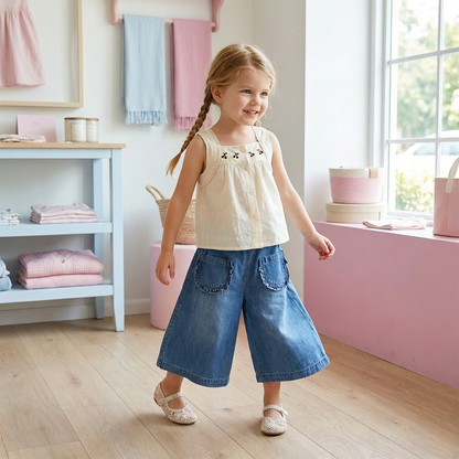 Sommerliches 2-teiliges Mädchen-Set – Ärmelloses Top mit Denim-Weitbein-Hose