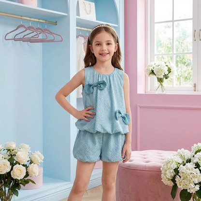 Trendiges 2-teiliges Mädchen-Set – Grünes Outfit mit Schleifen-Details