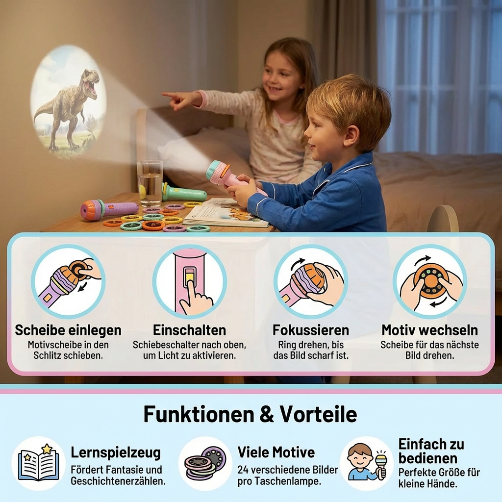 Kinder Projektor Taschenlampe – Gute-Nacht Geschichten & Lernspielzeug