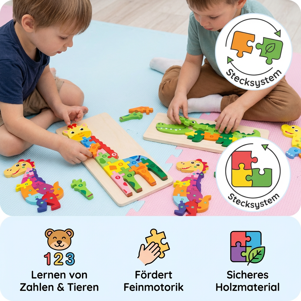 Holz Puzzle für Kinder – Lernspielzeug mit Zahlen & Tieren