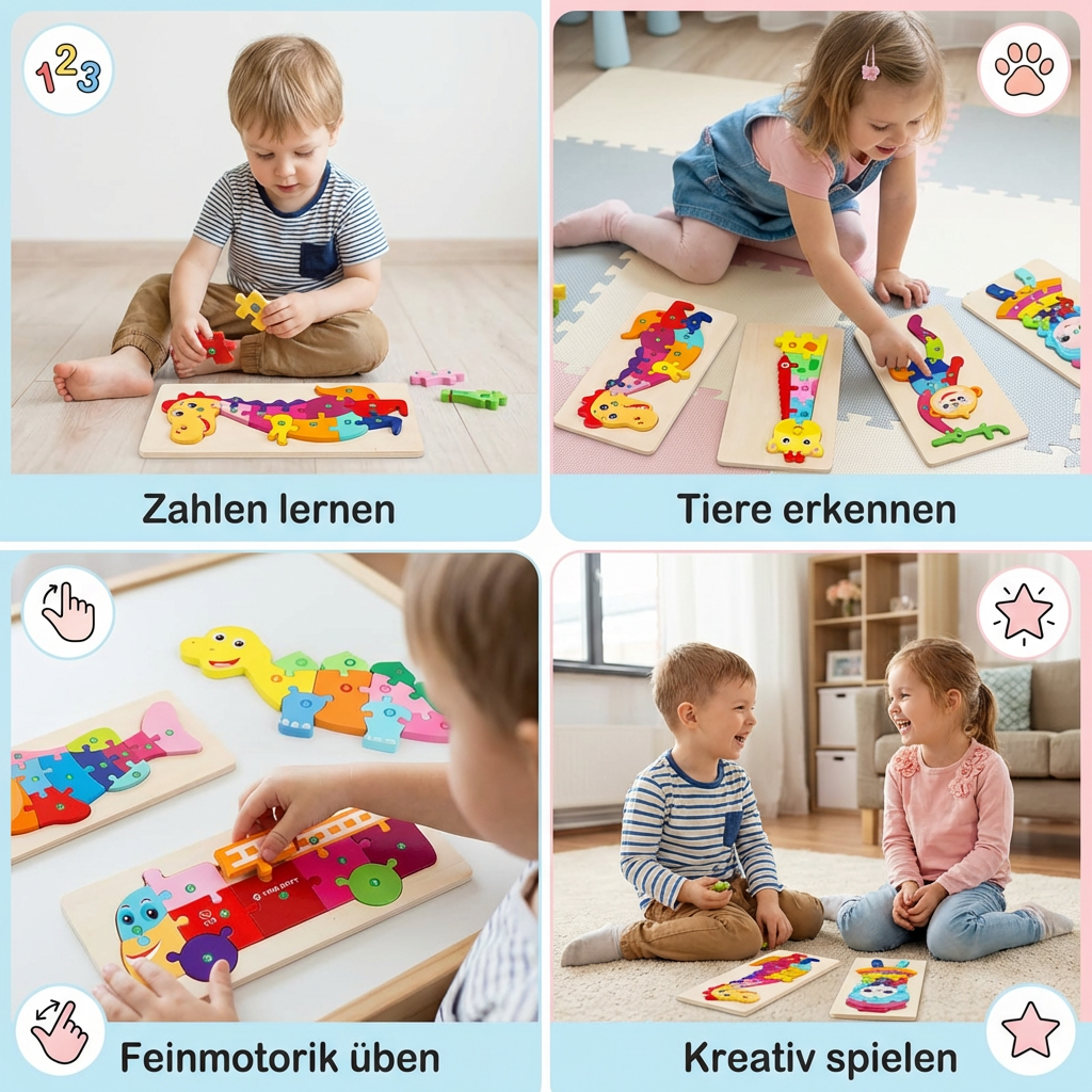 Holz Puzzle für Kinder – Lernspielzeug mit Zahlen & Tieren