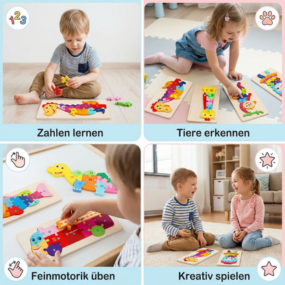 Holz Puzzle für Kinder – Lernspielzeug mit Zahlen & Tieren