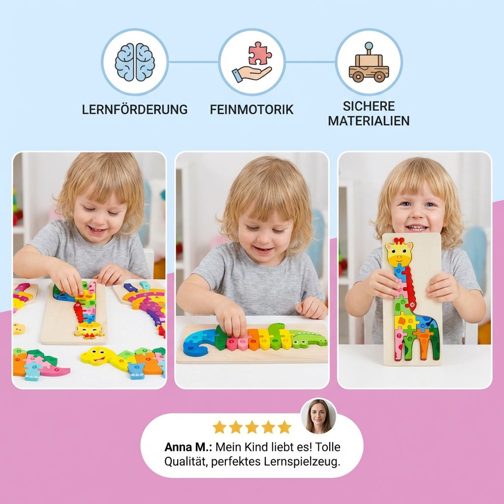 Holz Puzzle für Kinder – Lernspielzeug mit Zahlen & Tieren