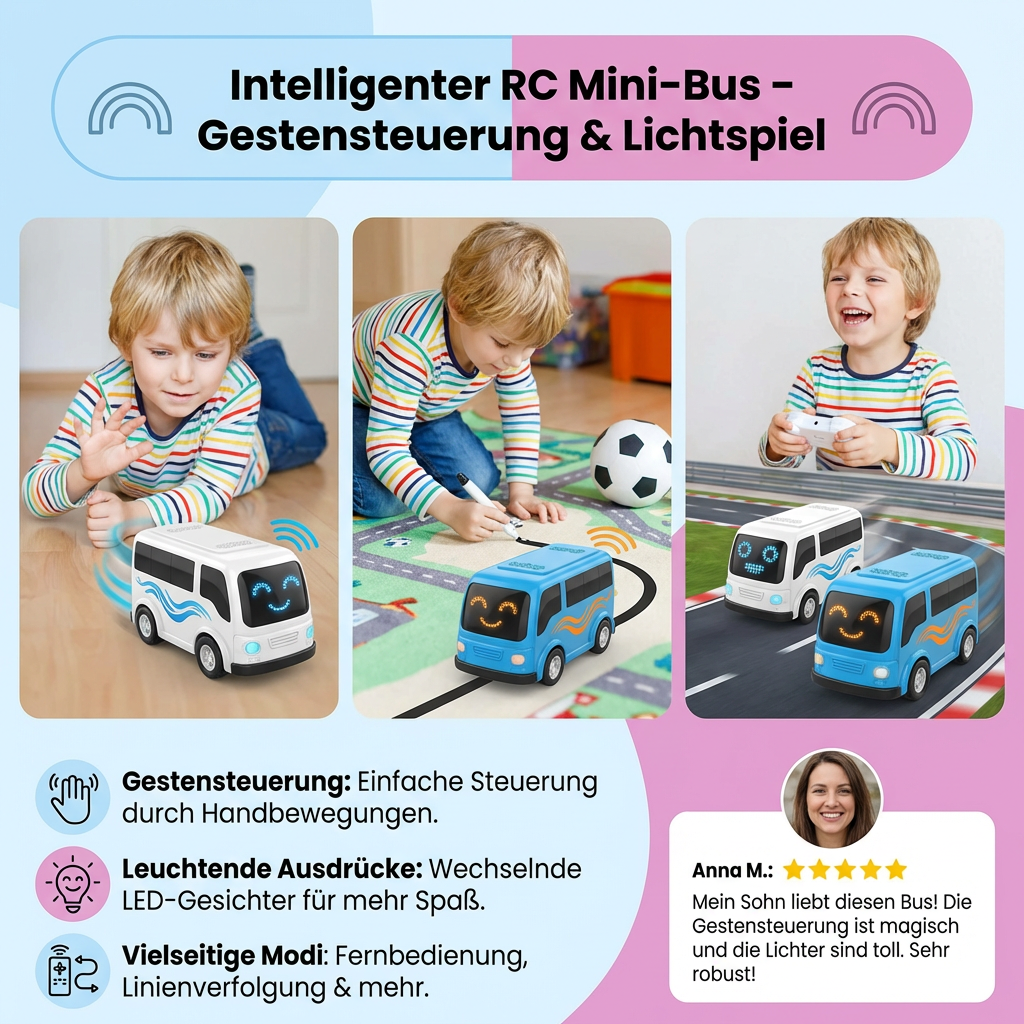 Smart RC Mini Bus Spielzeug – Gestensteuerung & LED-Licht Auto für Kinder