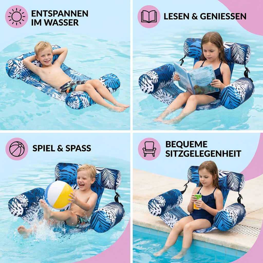 Aufblasbare Pool-Hängematte mit Rückenlehne – Faltbare Wasserliege