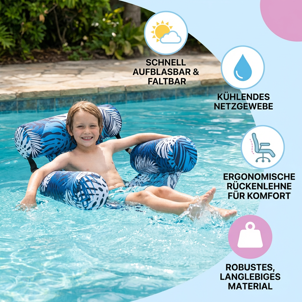 Aufblasbare Pool-Hängematte mit Rückenlehne – Faltbare Wasserliege