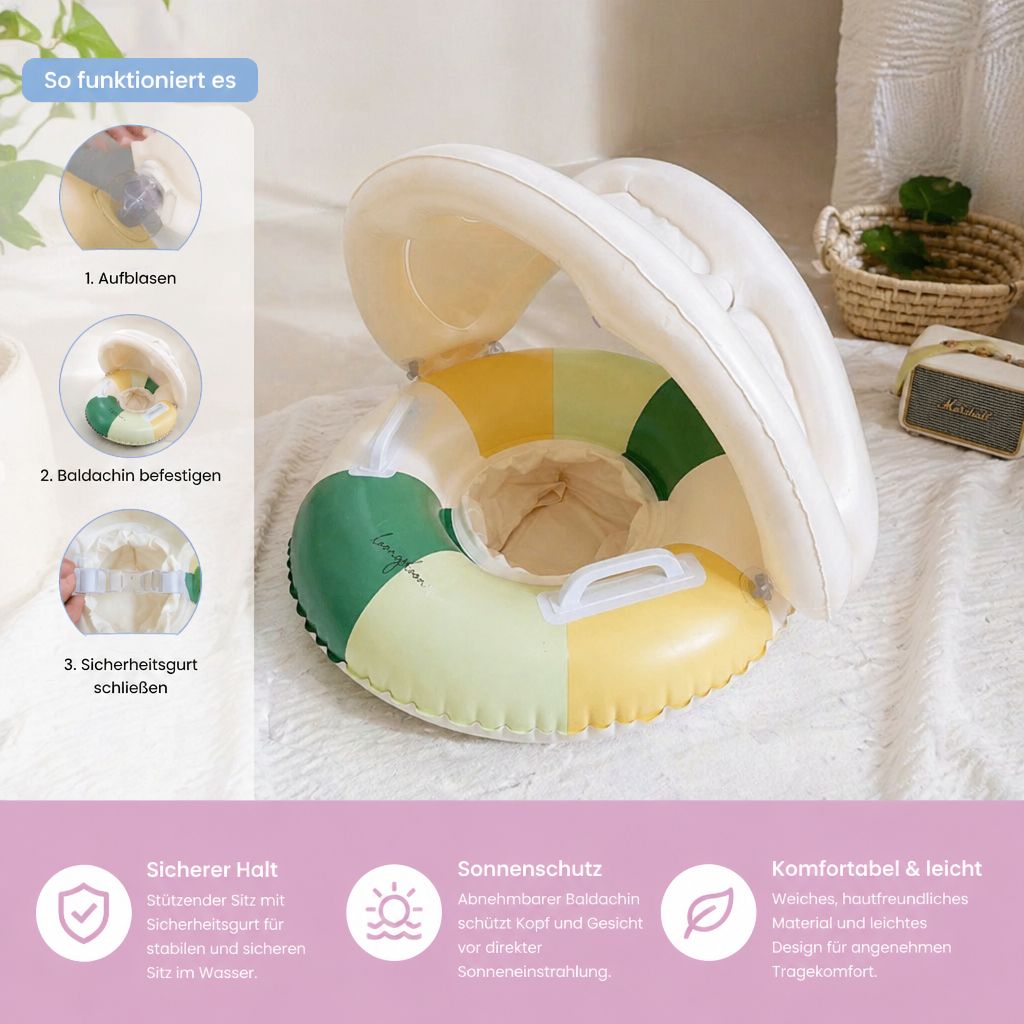 Aufblasbarer Retro Streifen Baby-Schwimmring mit abnehmbaren Sonnendach – Sicherer Sitz von 6–36 Monaten