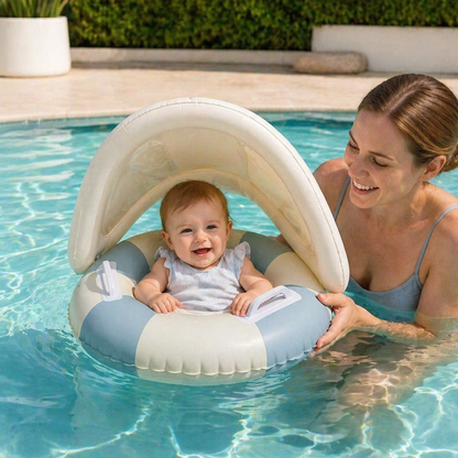 Aufblasbarer Retro Streifen Baby-Schwimmring mit abnehmbaren Sonnendach – Sicherer Sitz von 6–36 Monaten
