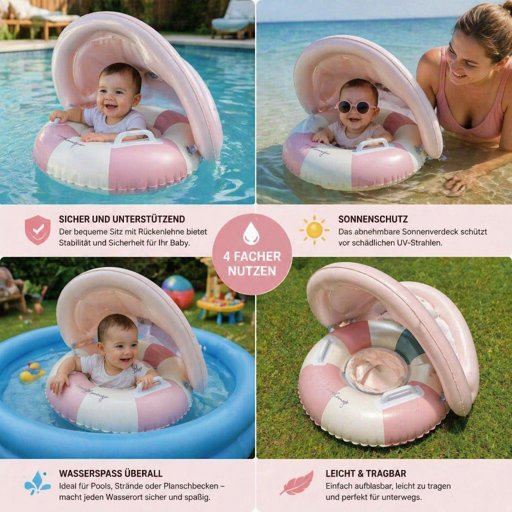 Aufblasbarer Retro Streifen Baby-Schwimmring mit abnehmbaren Sonnendach – Sicherer Sitz von 6–36 Monaten