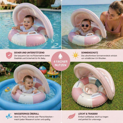 Aufblasbarer Retro Streifen Baby-Schwimmring mit abnehmbaren Sonnendach – Sicherer Sitz von 6–36 Monaten