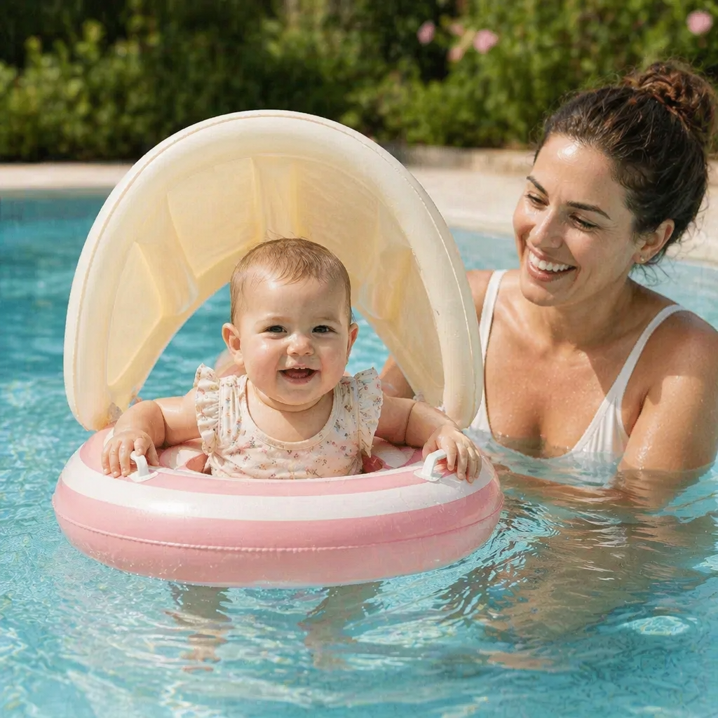Aufblasbarer Retro Lollipop Baby-Schwimmring mit abnehmbaren Sonnendach – Sicherer Sitz von 6–36 Monaten