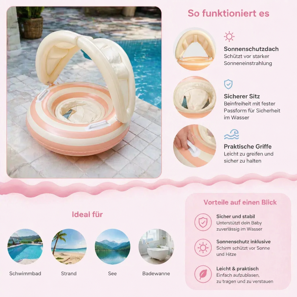Aufblasbarer Retro Lollipop Baby-Schwimmring mit abnehmbaren Sonnendach – Sicherer Sitz von 6–36 Monaten