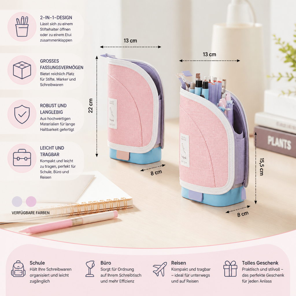 2-in-1 Pop-Up Federmäppchen mit Stiftehalter – Platzsparender Schreibtisch-Organizer