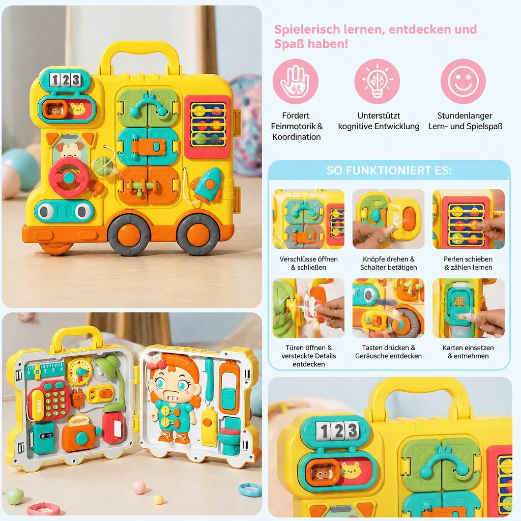 Kinder Bus Busy Board Spielzeug mit Aktivitäten und Puppe