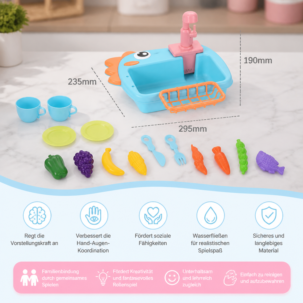 Kinder Rollenspiel Spülbecken Spielzeug mit Wasserhahn und Dino Design