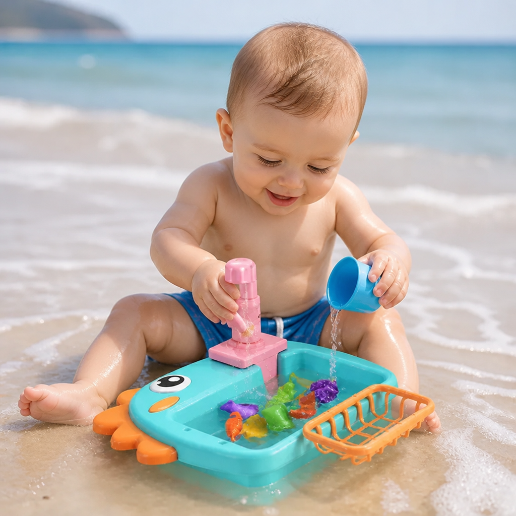 Kinder Rollenspiel Spülbecken Spielzeug mit Wasserhahn und Dino Design