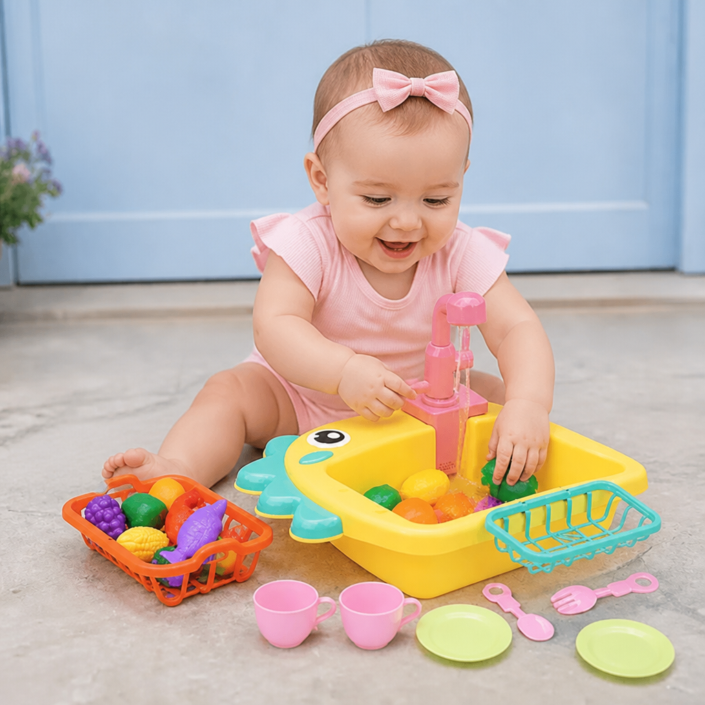 Kinder Rollenspiel Spülbecken Spielzeug mit Wasserhahn und Dino Design