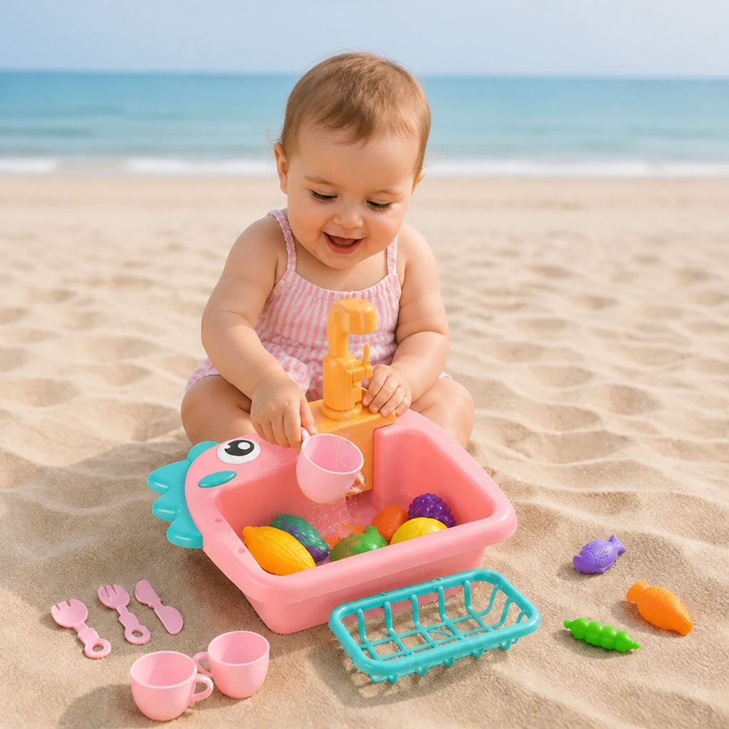 Kinder Rollenspiel Spülbecken Spielzeug mit Wasserhahn und Dino Design